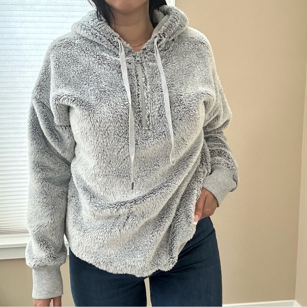 AERIE Cozy Blueish Gray Sherpa Quarter Zip Up Hoodie